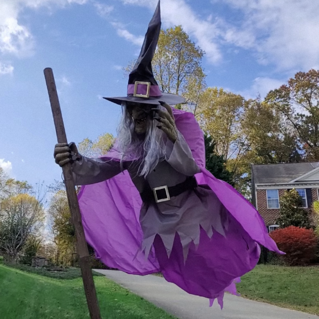 Dramatic 5.9 ft spooky flying witch decoration, a perfect outdoor prop to enhance your Halloween party yard.