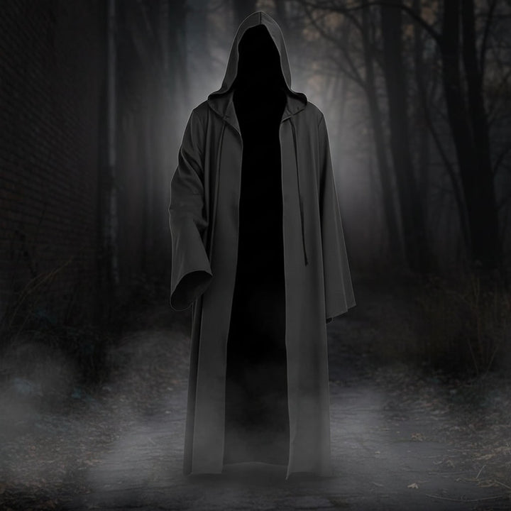 Unisex black hooded cape for spooky Halloween costumes, fantasy cosplay, or mysterious outfits.
