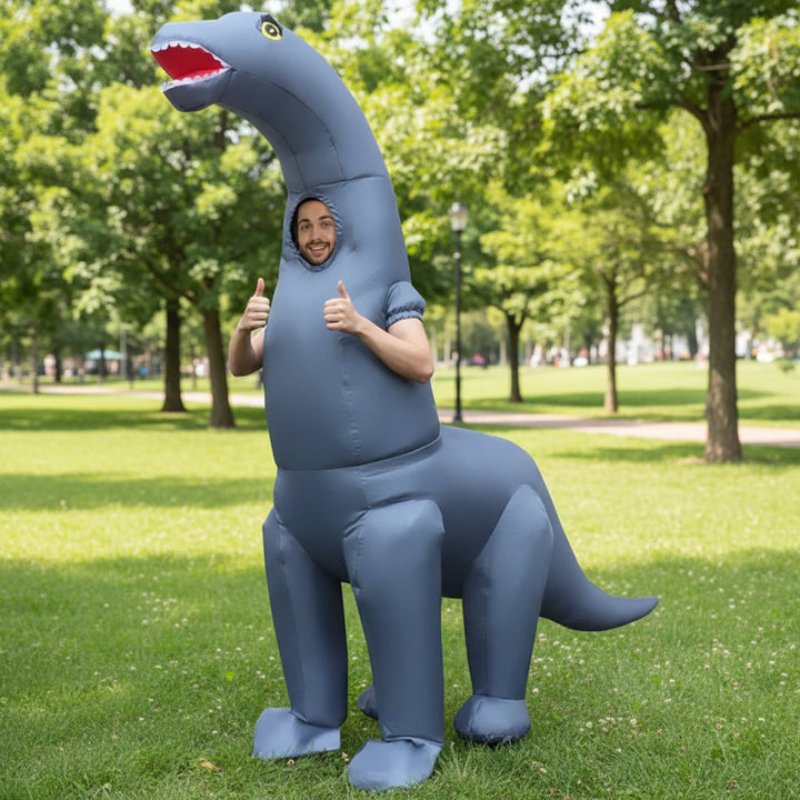 Unisex inflatable dinosaur costume for Halloween parties, featuring a T-Rex design. Fun adult or child novelty outfit.