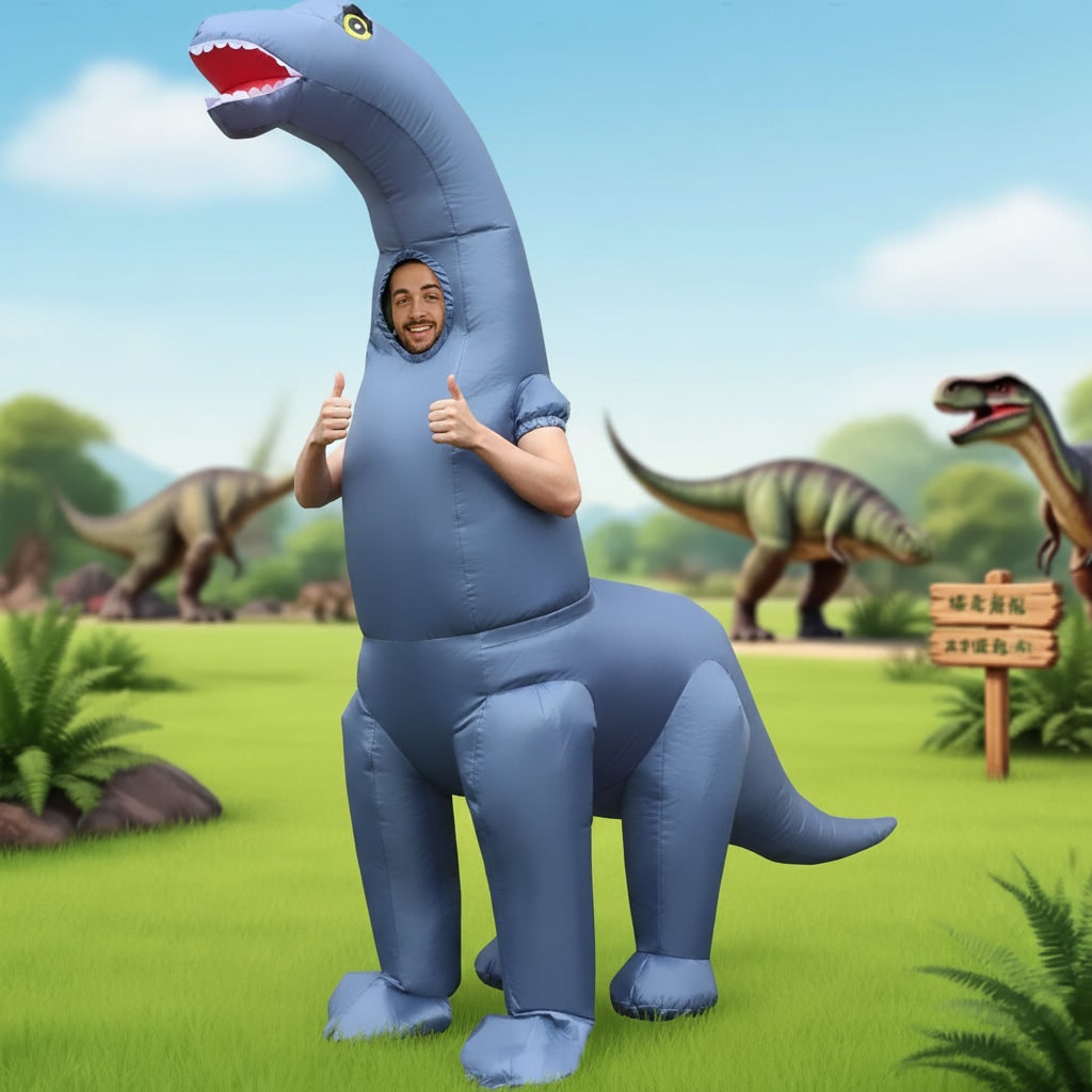 Green inflatable dinosaur costume, perfect for funny parties, rave events, or cosplay. Adult and child sizes.