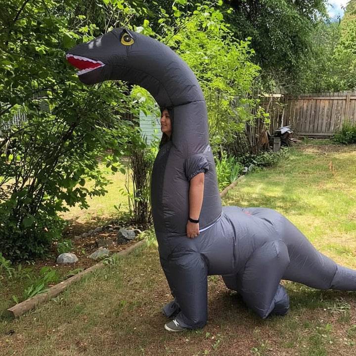 Giant inflatable T-Rex costume, a funny novelty outfit for Halloween, parties, and cosplay events. Unisex design.