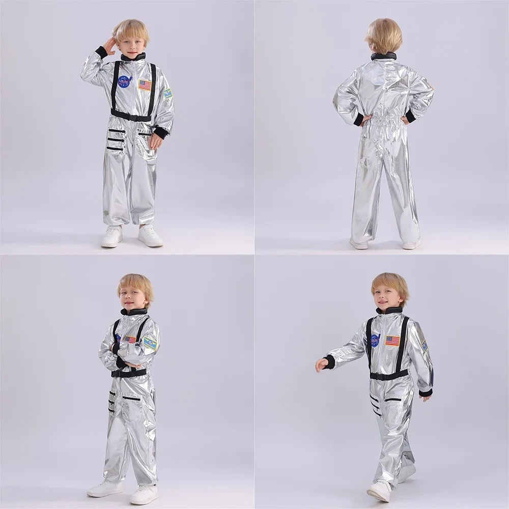 Durable children's space jumpsuit for Halloween, school events, and imaginative sci-fi adventures.