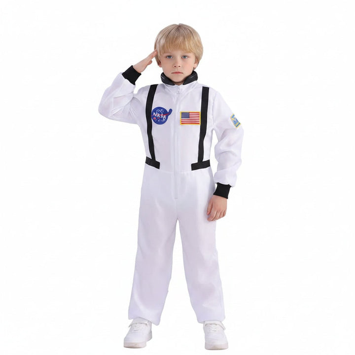 Kids' astronaut jumpsuit, a complete costume for Halloween, dress-up, and cosmic role-playing fun.