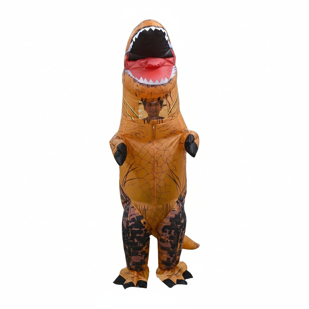Happy kid wearing a full-body inflatable T-Rex dinosaur costume, ready for trick-or-treating this Halloween.