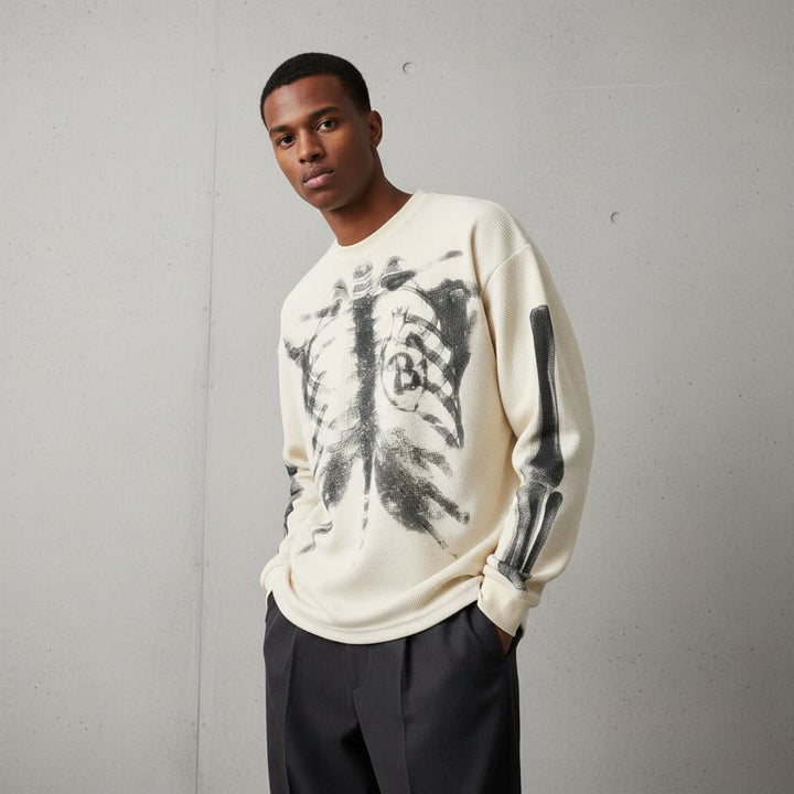 Men's long sleeve skeleton shirt, perfect Halloween costume. Spooky graphic tee for festive parties & easy dress-up.