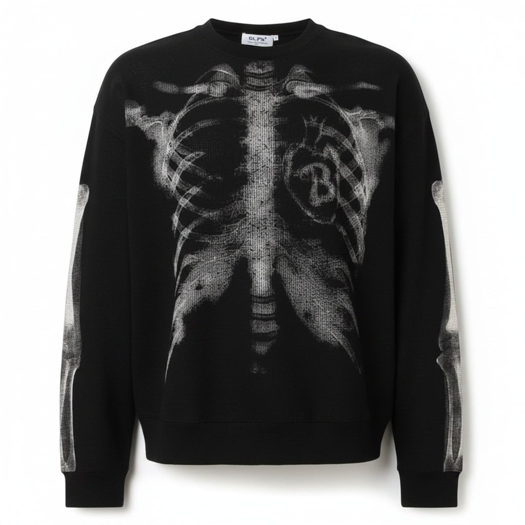 Casual men's Halloween skeleton graphic long sleeve shirt. Easy dress-up spooky outfit for themed parties & carnival.