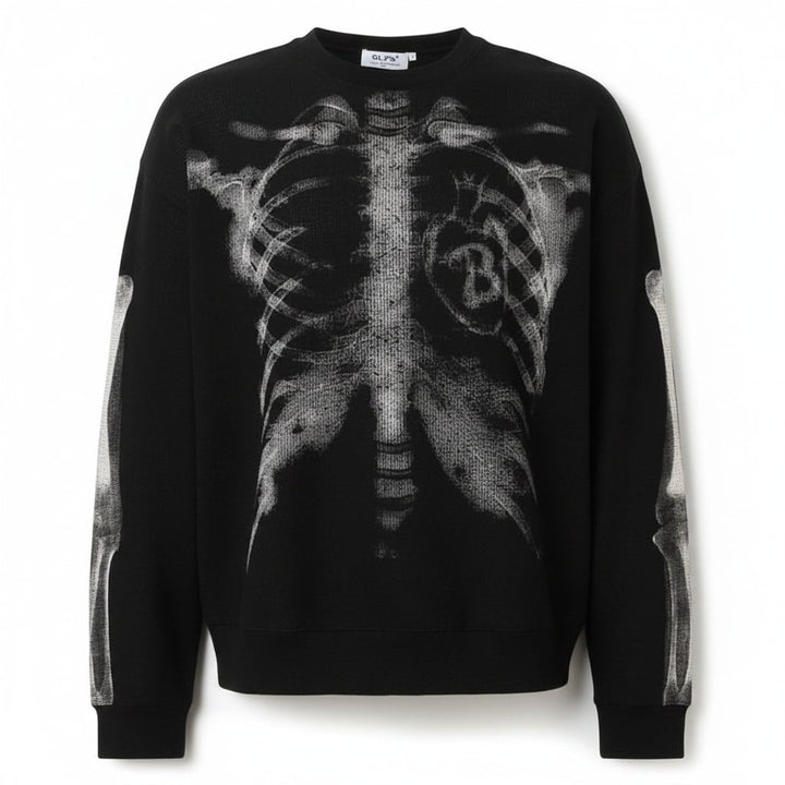 Casual men's Halloween skeleton graphic long sleeve shirt. Easy dress-up spooky outfit for themed parties & carnival.