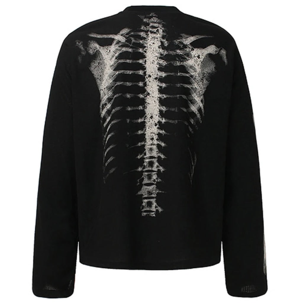 Men's spooky skeleton graphic tee, long sleeve Halloween costume shirt. Festive party wear with skull print for men.