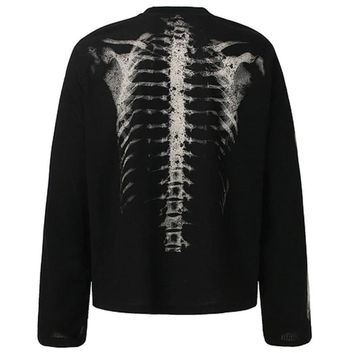 Men's spooky skeleton graphic tee, long sleeve Halloween costume shirt. Festive party wear with skull print for men.