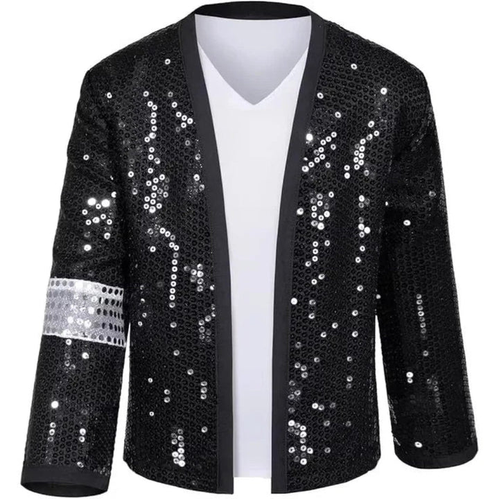 Sparkling unisex sequin costume set with jacket & trousers, ideal for parties, dance, or cosplay.