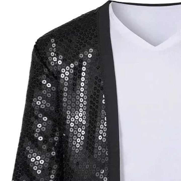 Glamorous unisex sequin jacket and pant set, perfect for Halloween, carnival, or stage dance shows.