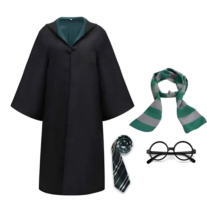Teen & adult unisex wizard costume for Halloween. Includes a long cloak & school uniform style.