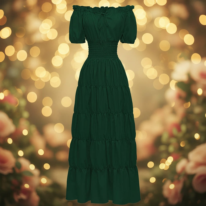 Elegant women's off shoulder boho maxi dress for summer vacations. Flowy, comfortable style.
