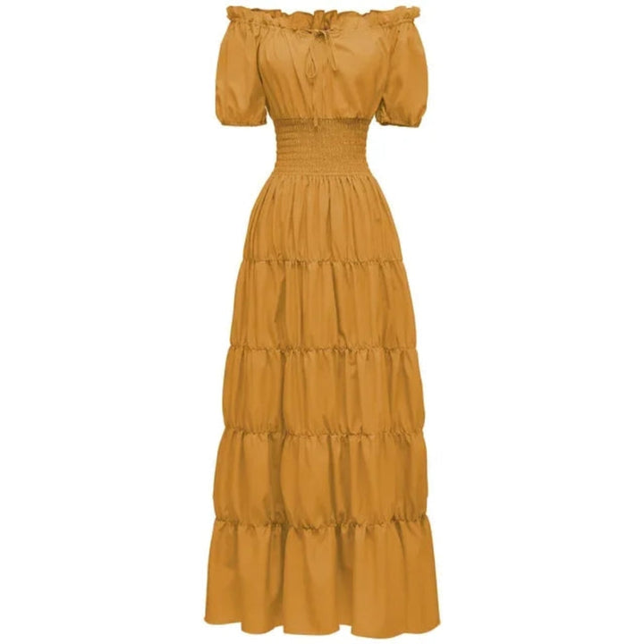 Women's off shoulder boho maxi dress, an elegant flowy summer casual and vacation essential.