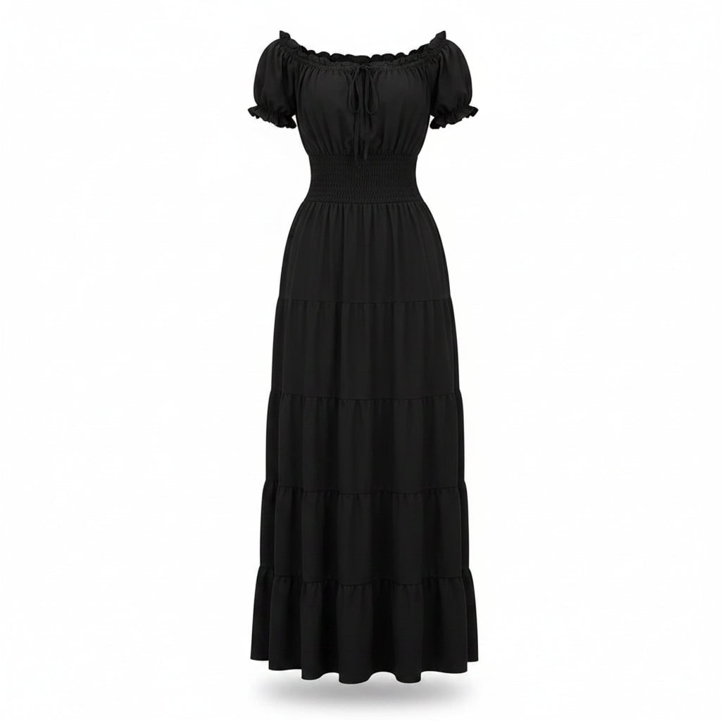Flowy off shoulder a-line maxi dress, comfortable and elegant summer vacation wear for women.