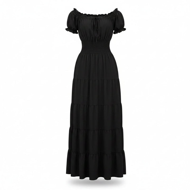 Flowy off shoulder a-line maxi dress, comfortable and elegant summer vacation wear for women.