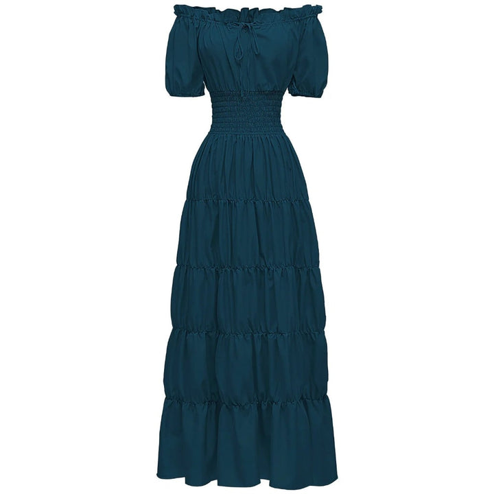 Stylish off shoulder a-line maxi dress, a comfortable boho summer festival outfit for women.