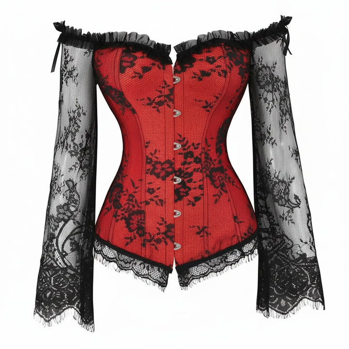 Women's gothic corset Halloween costume with lace off-shoulder sleeves, perfect for vintage-style cosplay or party outfit.