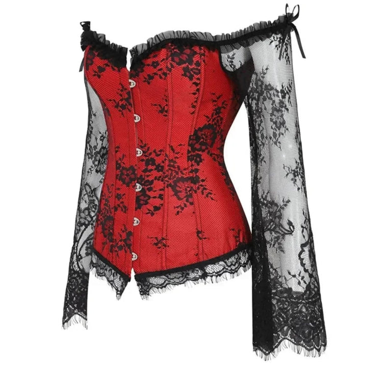Striking red gothic corset Halloween costume with elegant lace sleeves, ideal for women's cosplay, party, or stage wear.
