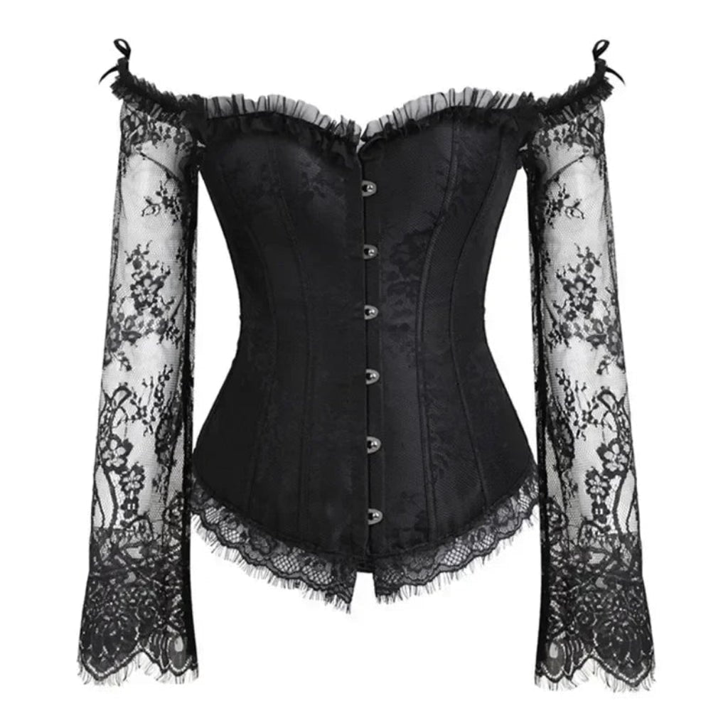 Black gothic corset with intricate lace sleeves, an off-shoulder vintage style perfect for Halloween, cosplay, or dress-up.