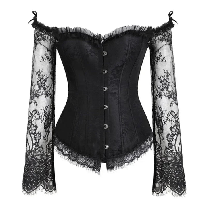 Black gothic corset with intricate lace sleeves, an off-shoulder vintage style perfect for Halloween, cosplay, or dress-up.