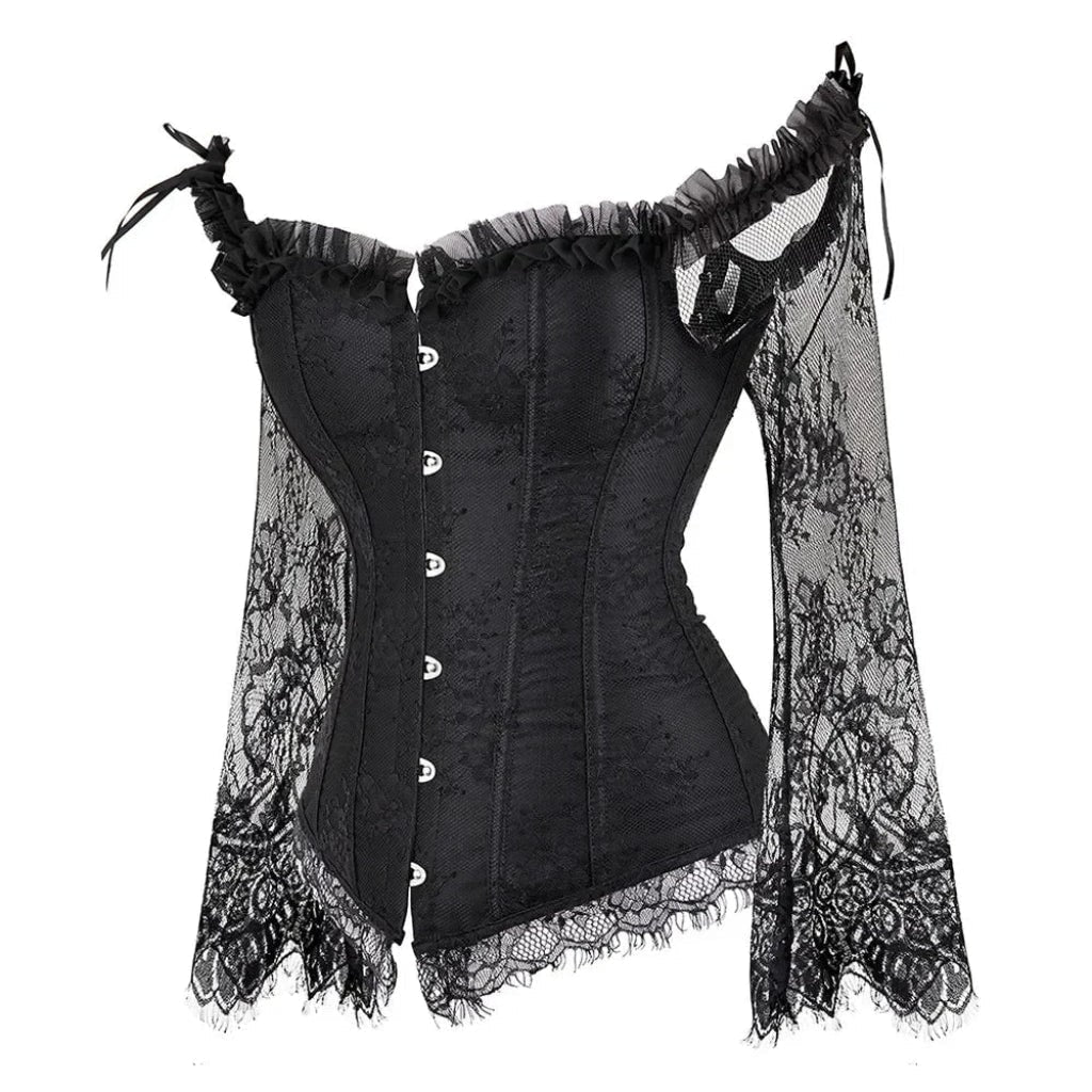 Elegant women's gothic corset outfit featuring delicate lace off-shoulder sleeves, ideal for Halloween, parties & cosplay.