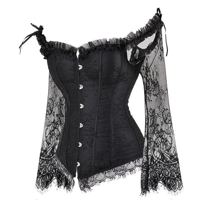 Elegant women's gothic corset outfit featuring delicate lace off-shoulder sleeves, ideal for Halloween, parties & cosplay.
