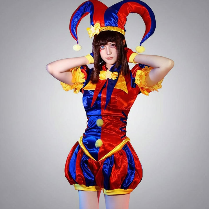 Women's Jester Halloween costume set for parties, featuring vibrant colors & classic design. Perfect for adult dress-up.