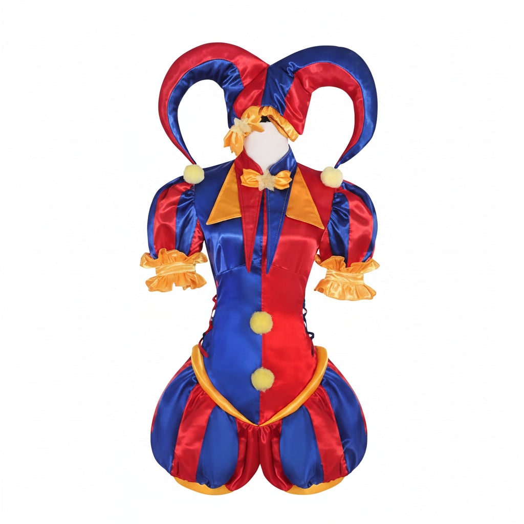Fancy women's jester outfit with hat, collar & dress for Halloween, cosplay, carnival, or themed parties.