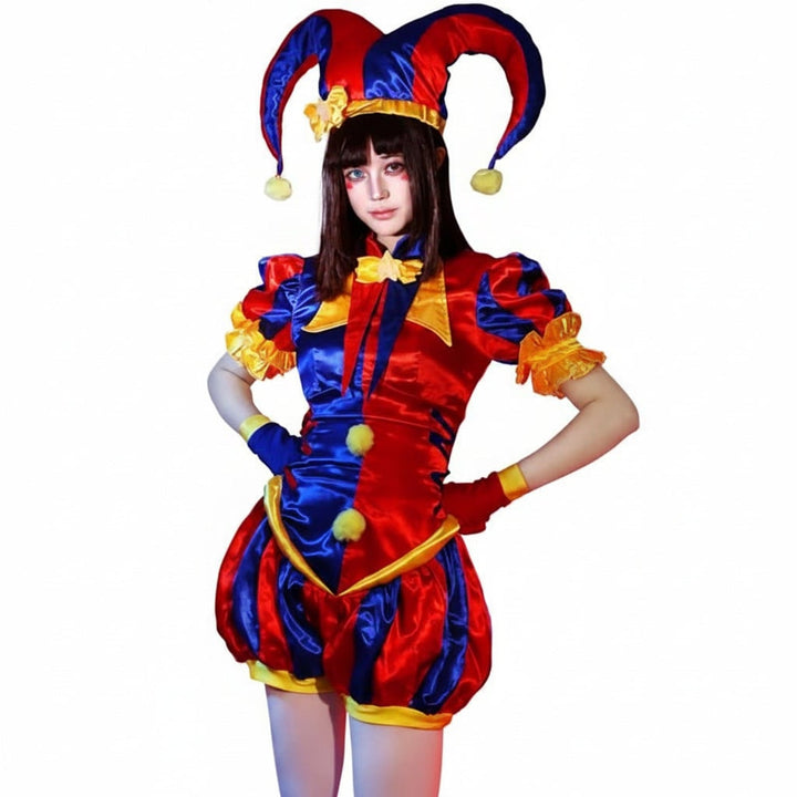 Complete women's jester cosplay costume set, ideal for Halloween, carnival, or any themed party event.