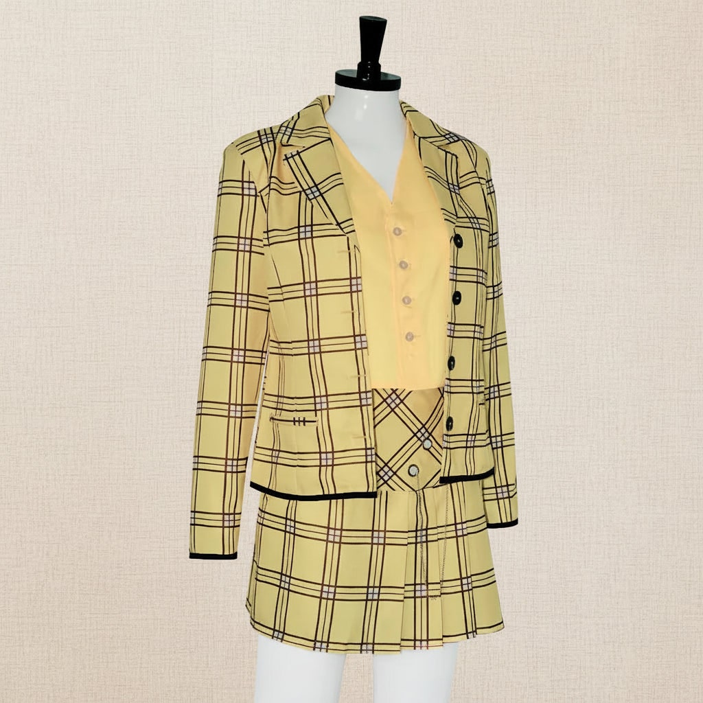 Stylish women's plaid blazer and skirt costume set, perfect for parties, dress-up, or themed events.