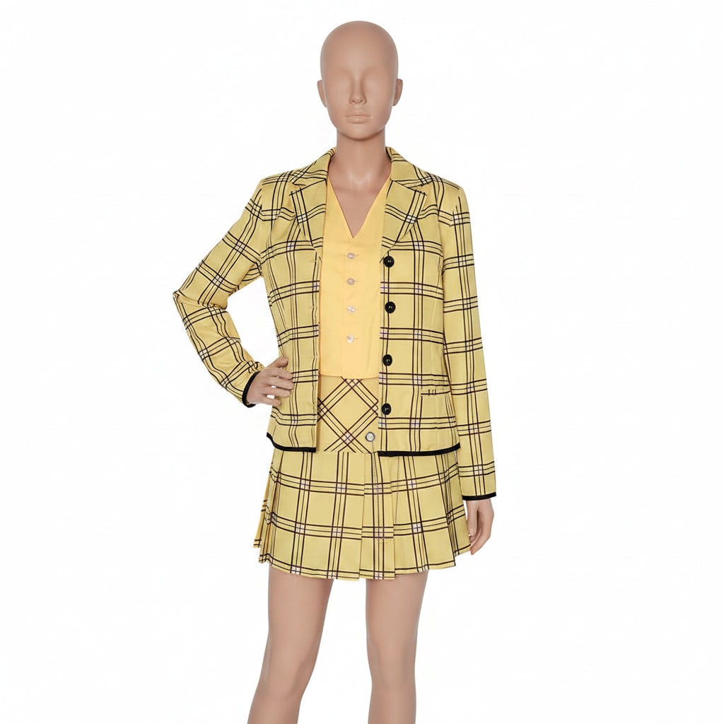 Women's fashionable plaid blazer and matching mini skirt costume, ideal for role play or themed parties.