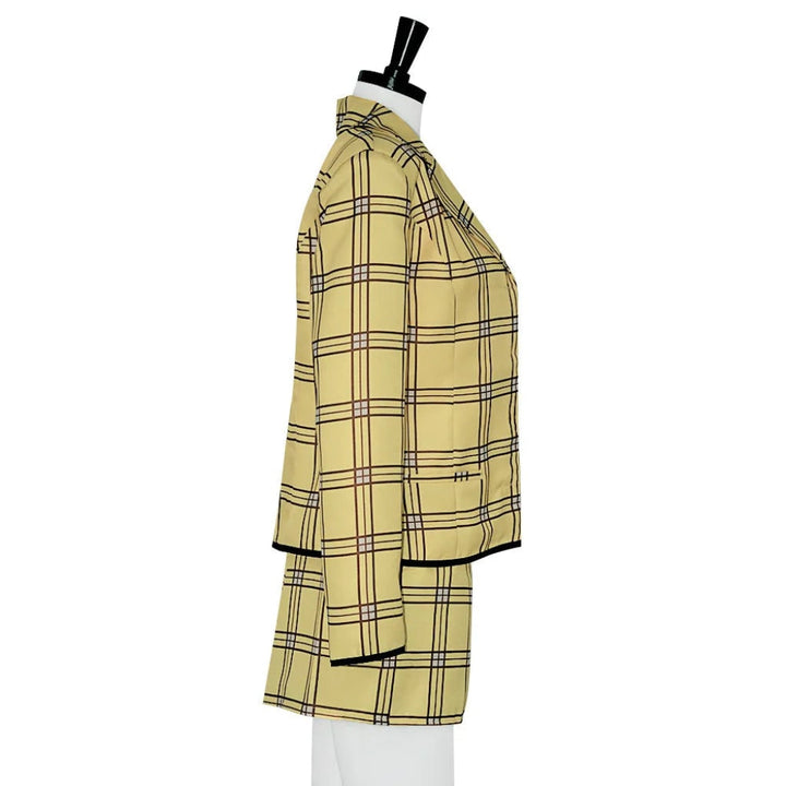 Chic women's plaid two-piece fashion costume set with a blazer and skirt, suitable for any party or event.