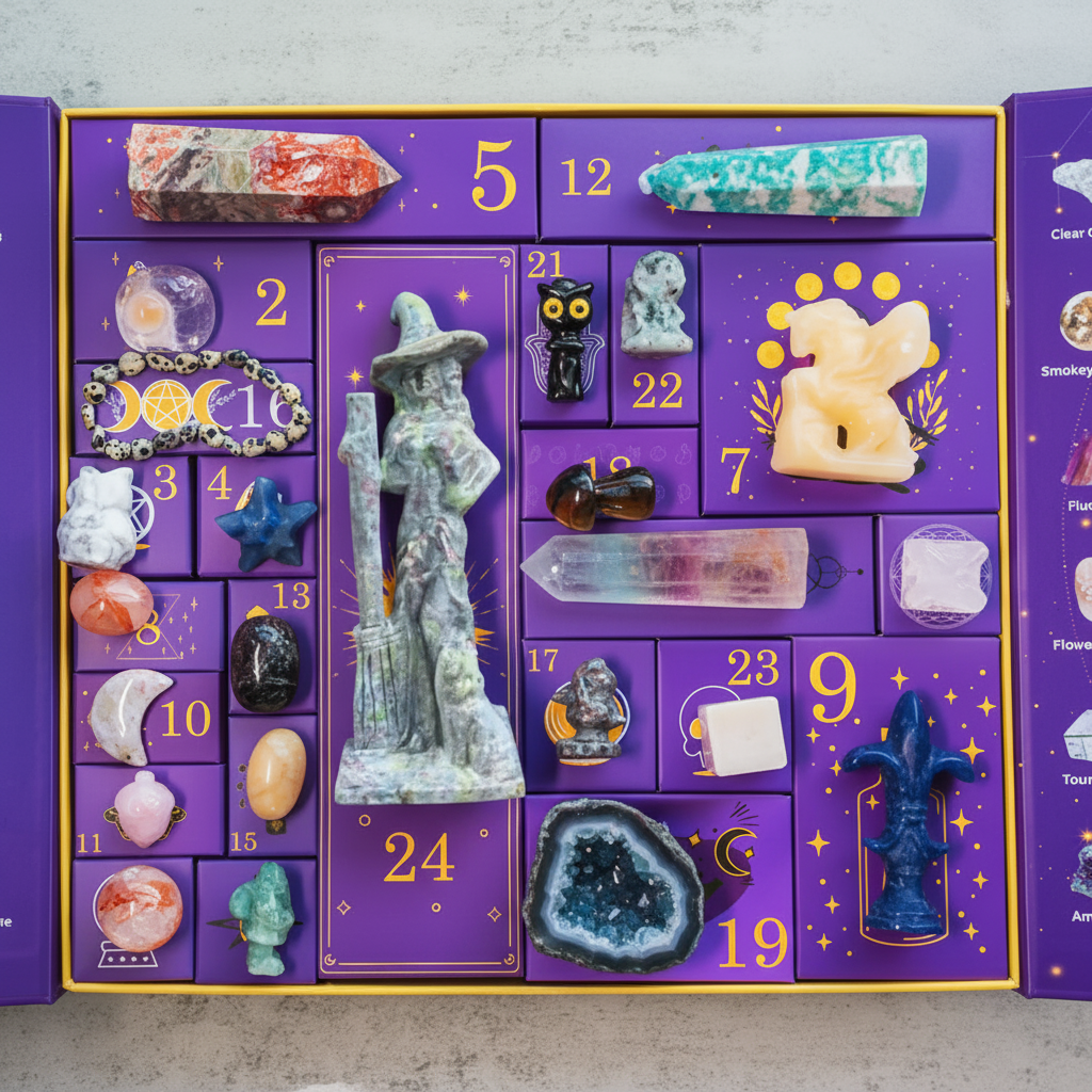 Unisex Halloween advent calendar with mystery gemstones & celestial designs, ideal for zodiac enthusiasts & unique decor.
