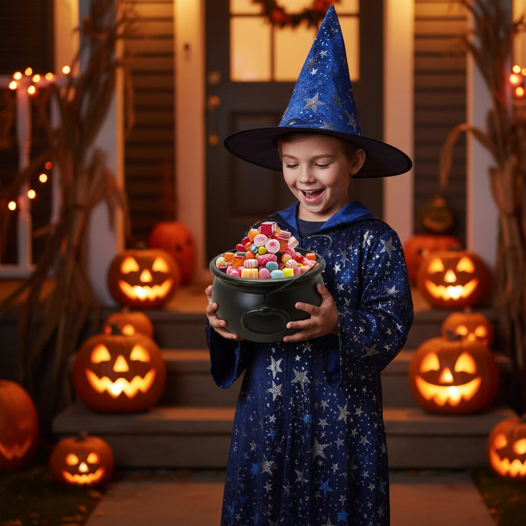 Spooky black Halloween cauldron decoration for trick-or-treat candy, parties & witch-themed displays.