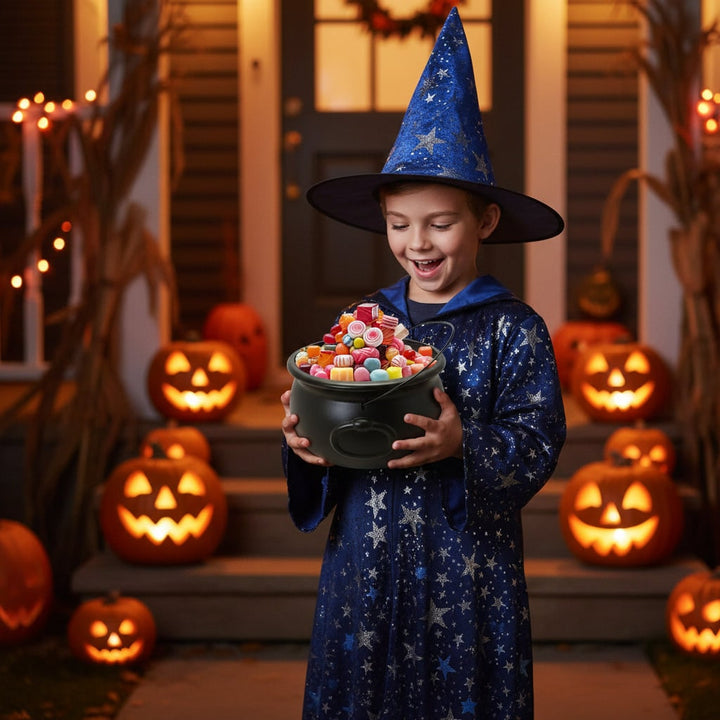 Spooky black Halloween cauldron decoration for trick-or-treat candy, parties & witch-themed displays.