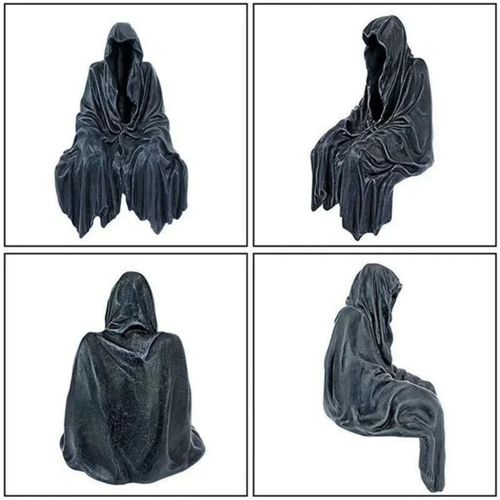 Cloaked Grim Reaper decoration, a resin figurine bringing spooky vibes to your Halloween home garden.