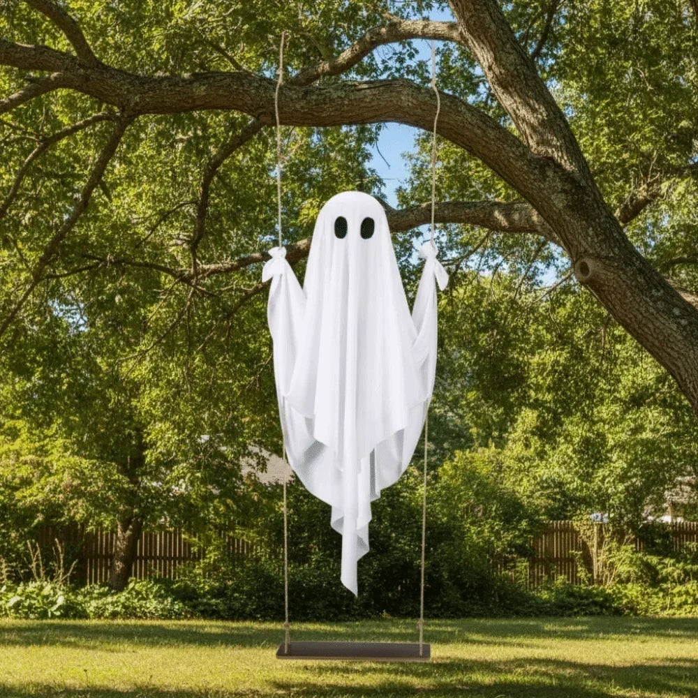 Spooky swinging ghost decoration with remote control for haunted Halloween outdoor decor.