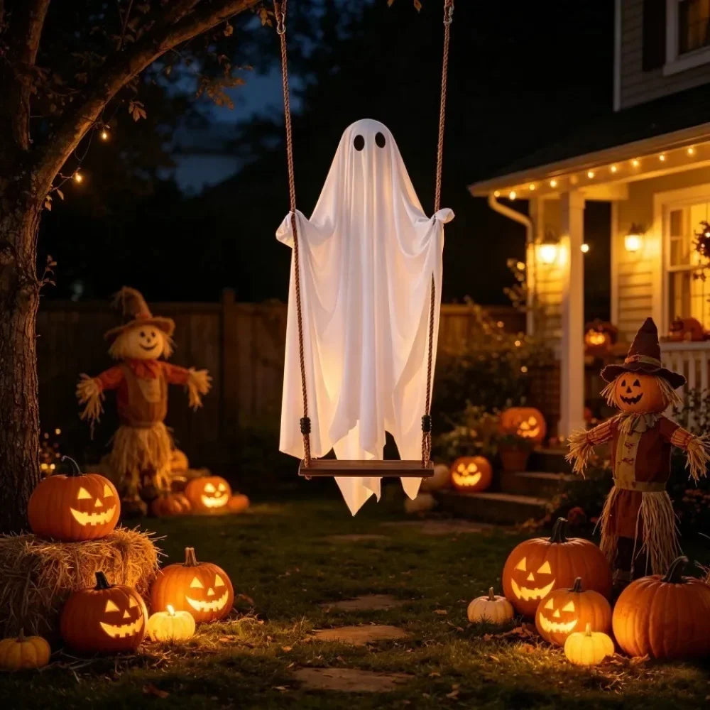 LED remote control flying ghost for a festive and spooky Halloween yard display.