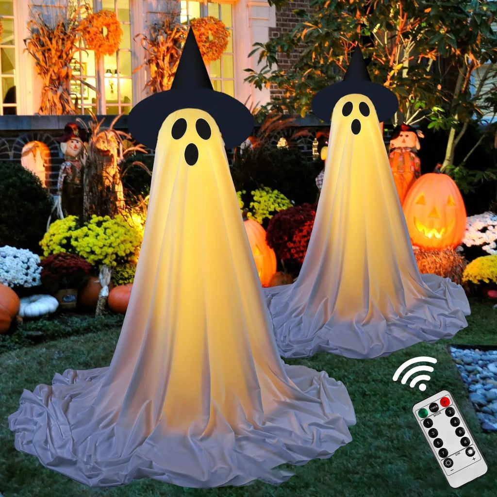 Outdoor Halloween ghost decoration with glowing LED eyes & spooky sounds, perfect for yard or garden.