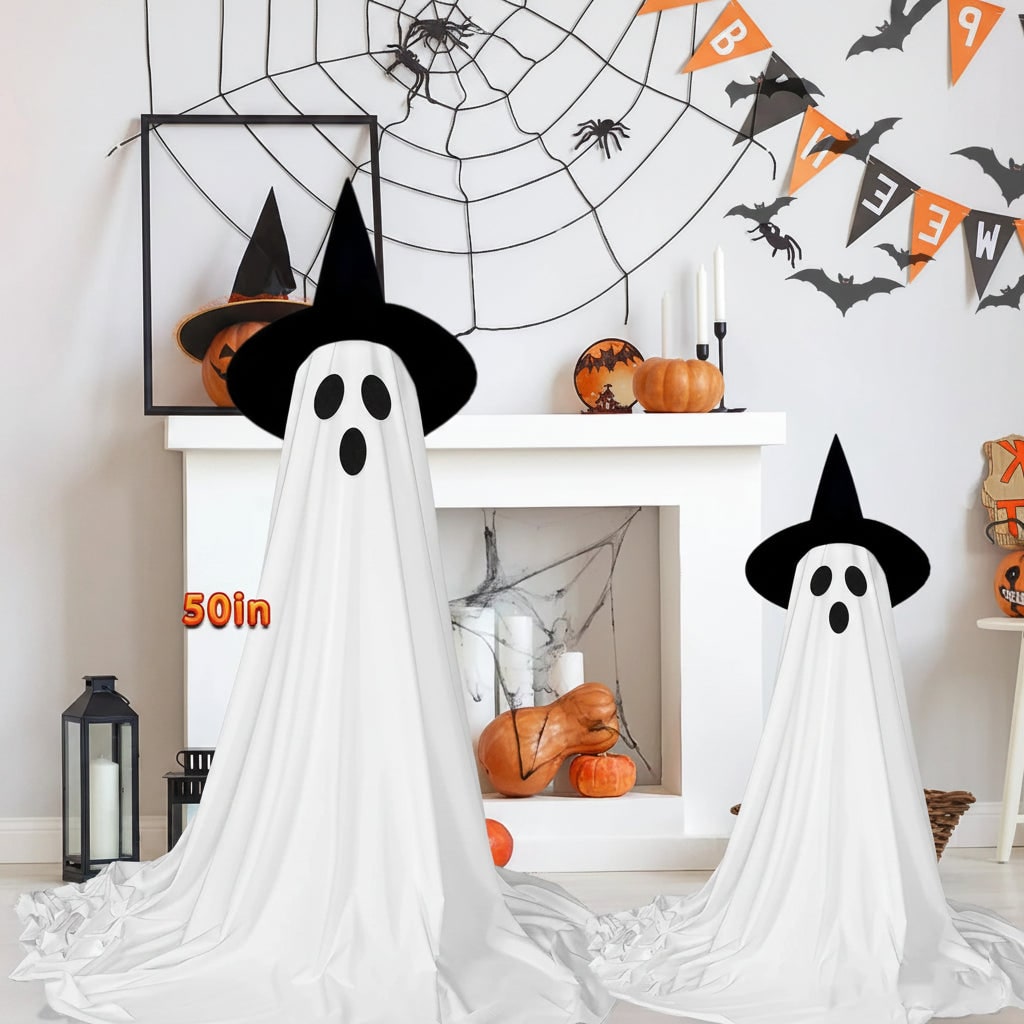 Large outdoor Halloween ghost with eerie LED lights & sound effects, creates a haunted yard atmosphere.