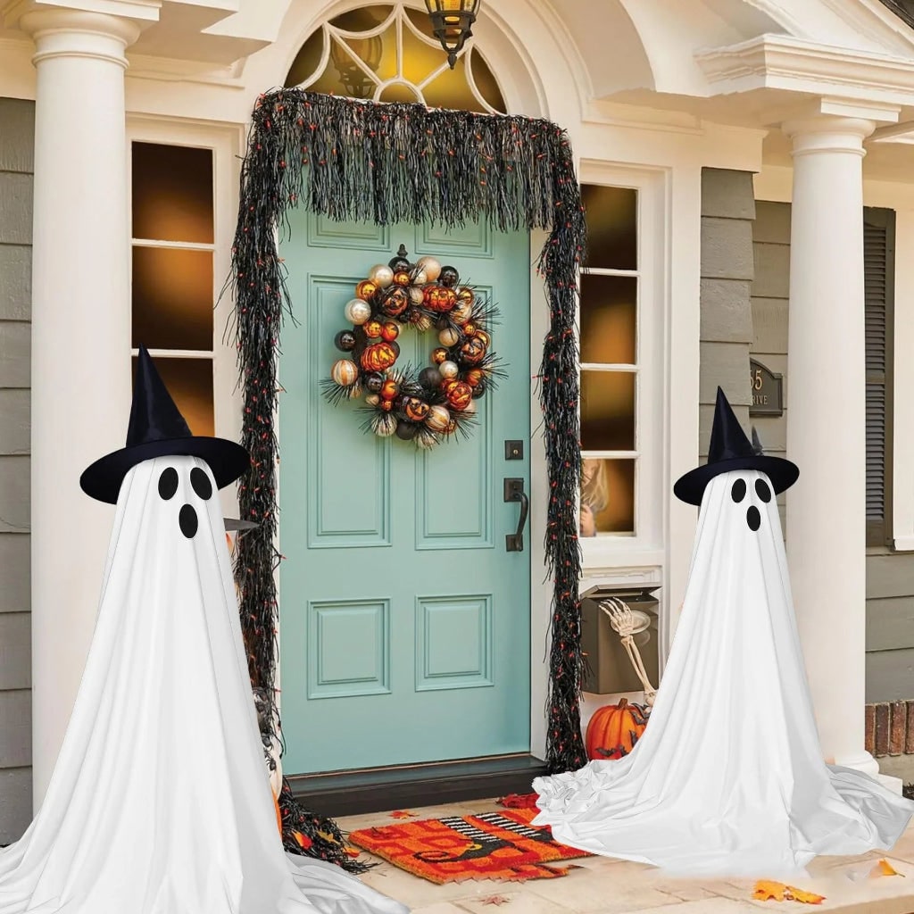 Glowing LED Halloween ghost decoration with scary sound effects, ideal for outdoor spooky yard and garden decor.