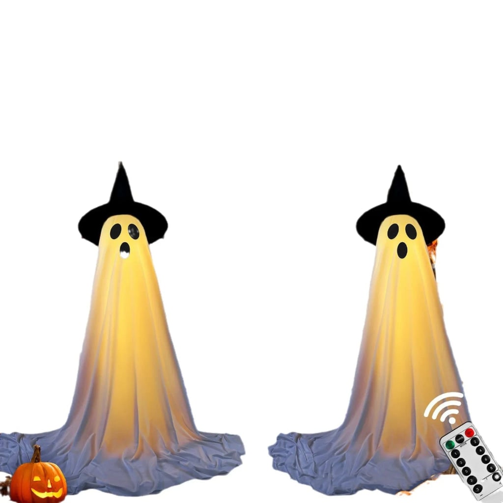 Outdoor Halloween ghost display with illuminated LED eyes, flowing fabric, and spooky sound effects for yard decor.