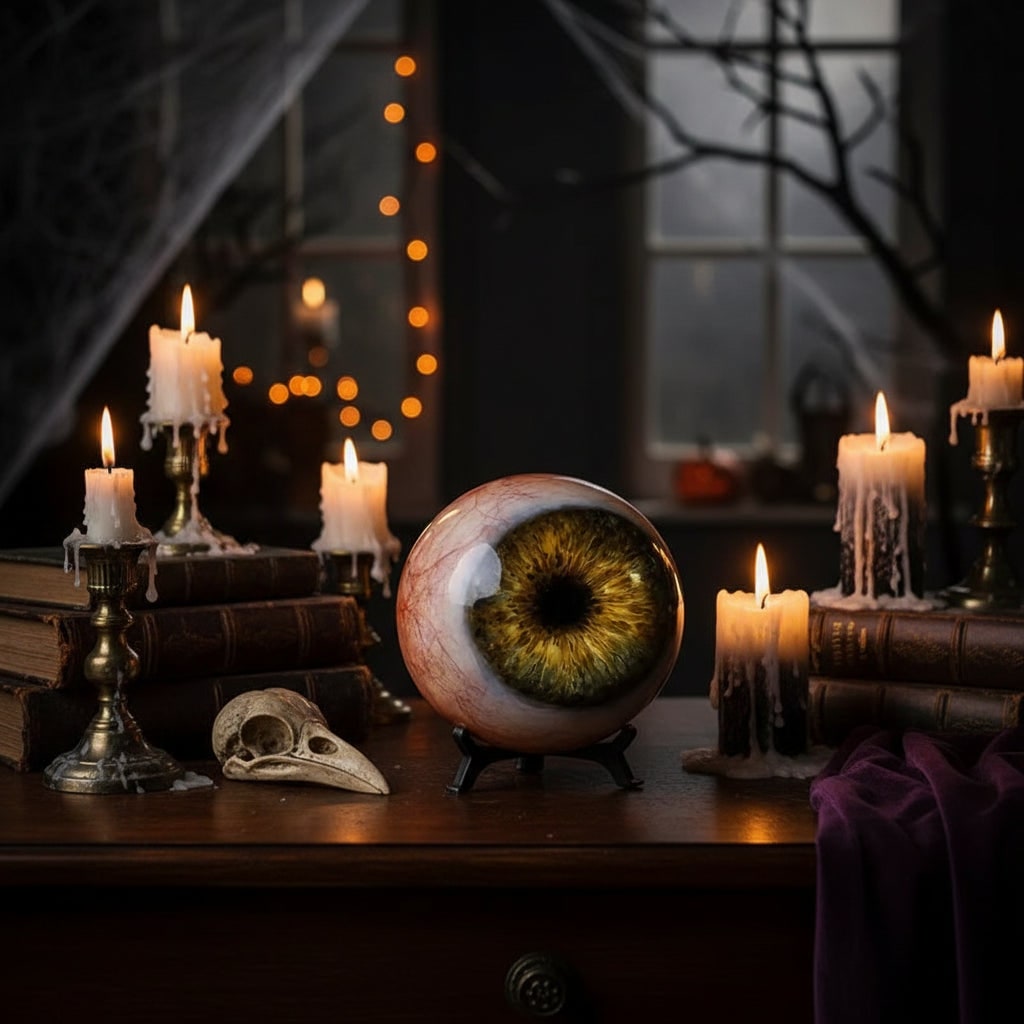 Spooky Halloween monster eye ornament for party & home decor. Features vibrant yellow, purple, green, and blue colors.
