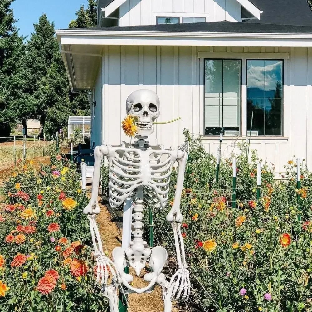 Movable Halloween skeleton figurine, spooky outdoor decor for yard & haunted house party.