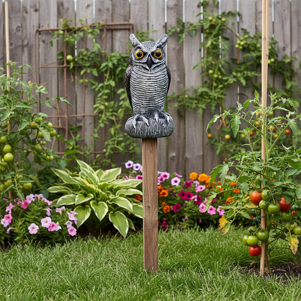 Realistic plastic owl garden statue standing among plants, perfect outdoor yard & Halloween decoration.