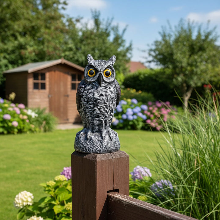 Durable plastic realistic owl decor statue for year-round outdoor garden, yard, and Halloween display.