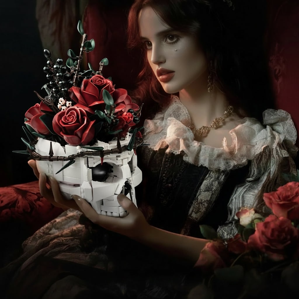 Detailed skull & deep red rose floral arrangement. A striking gothic Halloween centerpiece & home decoration.