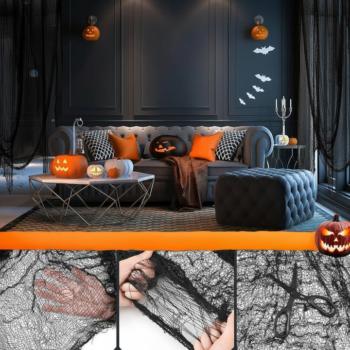 Ghostly white stretch fabric creating eerie Halloween decor. Perfect for haunted house effects & seasonal DIY projects.