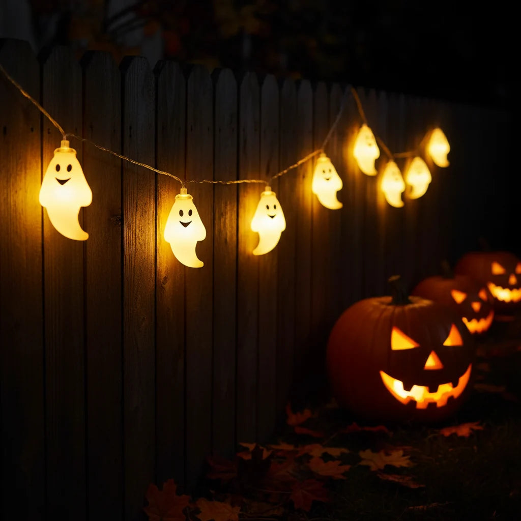 Charming ghost LED Halloween string lights, battery operated, perfect for spooky indoor or outdoor party decorations.
